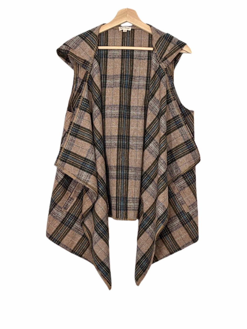 Hem & Thread Plaid Draped Hooded Vest in Taupe Brown Size Medium
